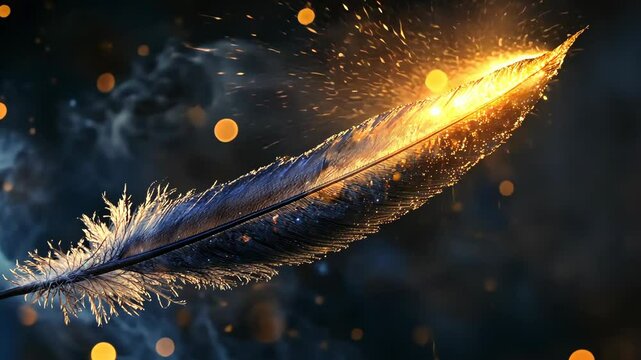 A single feather burns with a bright orange flame, casting a warm glow against a dark background