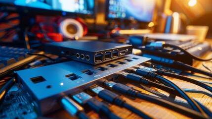 Close-up of a sleek USB hub with multiple ports, connected to various devices, set against a blurred background of electronic gadgets. The USB hub is illuminated by soft, natural light.