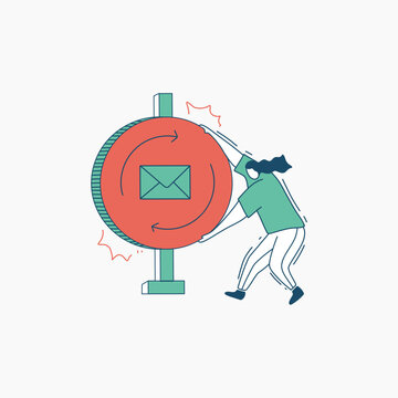 recommend clip art: A person pushing a red circle with an envelope and arrows around it, representing email communication.
