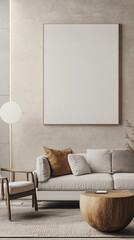 Modern living room with minimalistic furniture, neutral tones, and a blank wall frame ready for mockup
