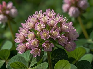 Close-up photo of clover flowers taken in the garden next to the house