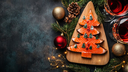 Board of Christmas tree shape smoked salmon toast on christmas eve dinner table to celebrate food and holidays