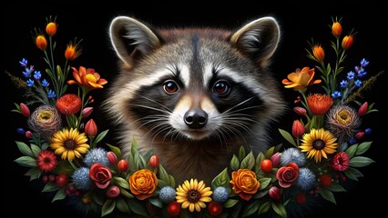 A Curious Raccoon Surrounded by a Vibrant Floral Wreath, Evoking a Sense of Mystery and Wonder