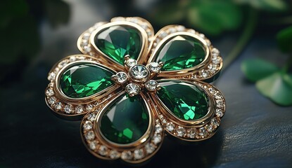 emerald and gold clover brooch, cinematic lighting
