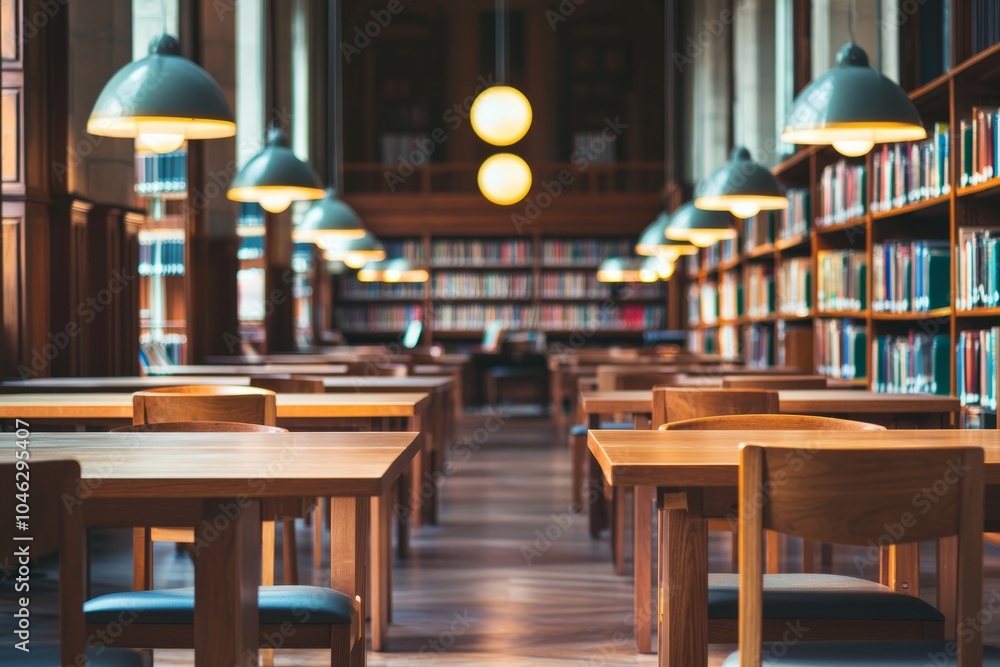 Poster a quiet library workspace with wooden tables and comfortable chairs. soft lighting creates a calm at