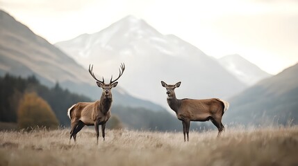 Fototapeta premium Deer Pair Peacefully Standing in Lush Summer Meadow with Mountain Backdrop