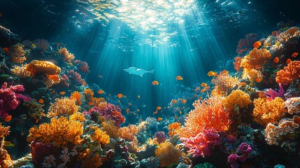 Fototapeta premium Vibrant Coral Reef Underwater Scene With Fish and Sunbeams