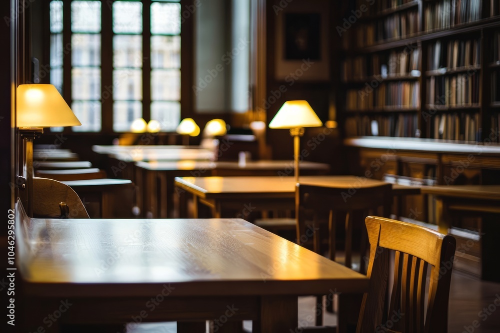 Poster a quiet library workspace with wooden tables and comfortable chairs. soft lighting creates a calm at