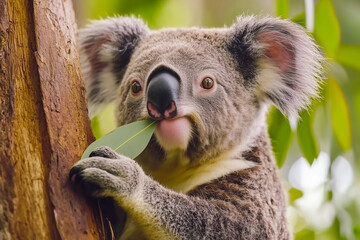 Obraz premium Koala sitting by a tree trunk and holding and chewing on eucalyptus leaves, one of which is sticking out of its mouth