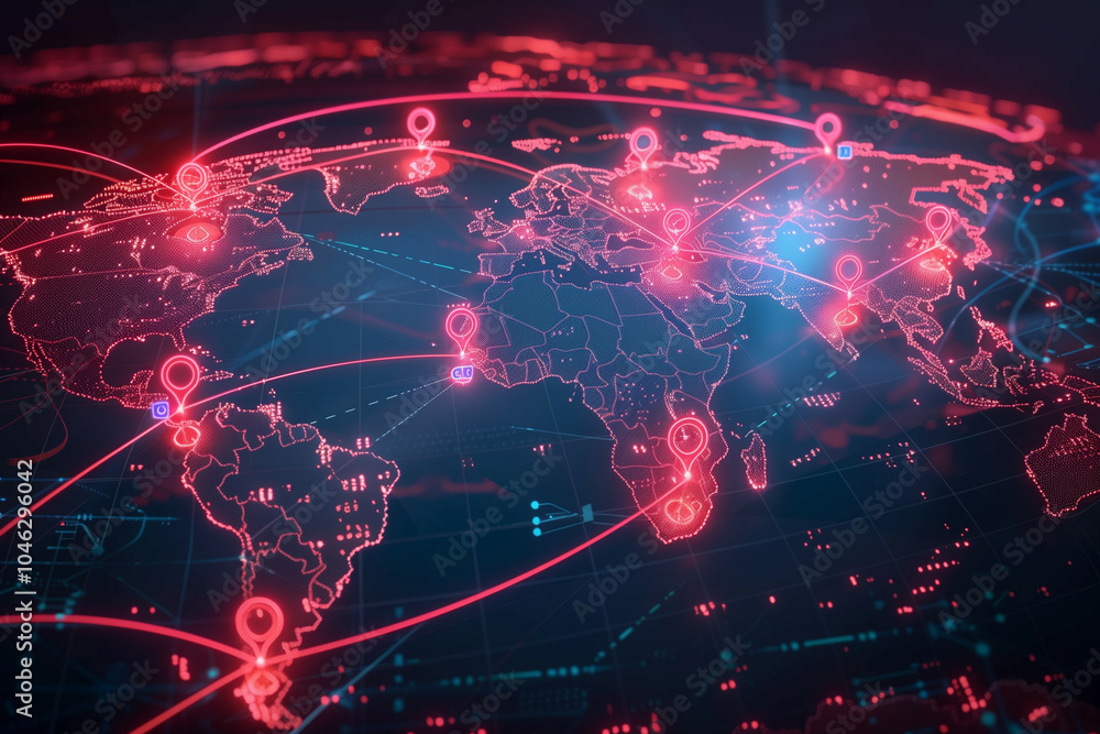 Poster futuristic digital map of the world with glowing red connections and digital nodes