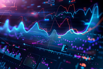 Dynamic financial dashboard displaying multiple colorful line graphs on advanced digital screen
