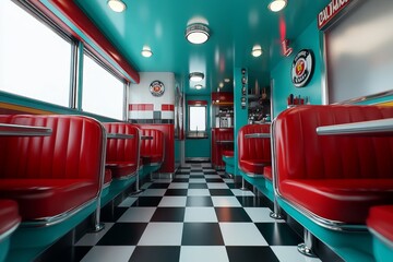 A casual diner with neon lights, vinyl booths, and classic American comfort food like burgers and milkshakes, capturing the nostalgia and fun of retro dining