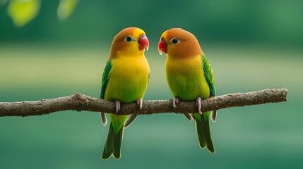 Affectionate Lovebirds Perched on Branch by Scenic Summer Lake