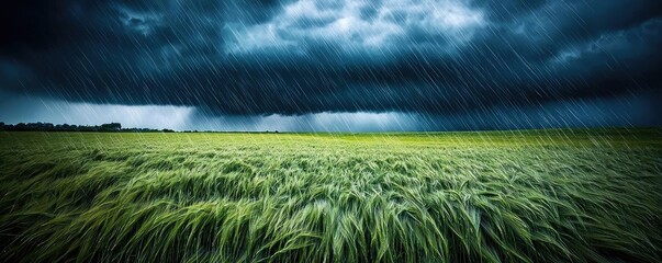Stormy sky over a green field, rain pouring down with dark clouds.