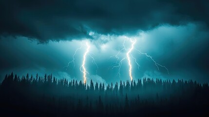 Lightning strikes over a dark forest under a stormy sky