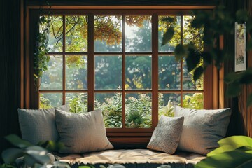 Fototapeta premium Peaceful Window Seat Filled with Cushions and a View of a Tranquil Garden, Generative AI