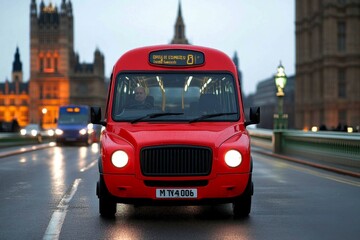 Obraz premium A city street in London with classic red buses, black cabs, and historic buildings in the background, representing the iconic and timeless feel of the British capital