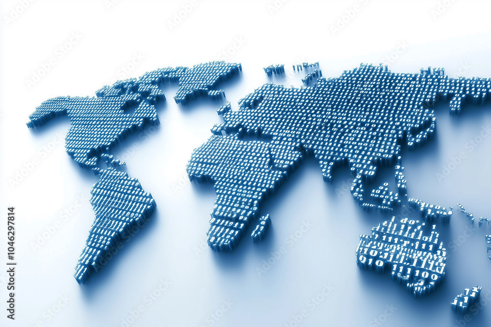 Poster a world map created from binary digits highlights the essential role of technology in modern communi