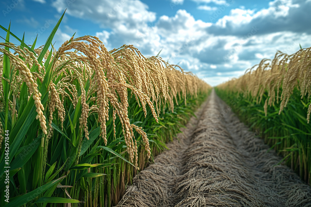 Poster close-up of golden rice grains bending towards the ground. the rows create a rhythmic pattern under 