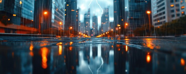 City skyline reflecting on wet pavement after rain in urban setting.