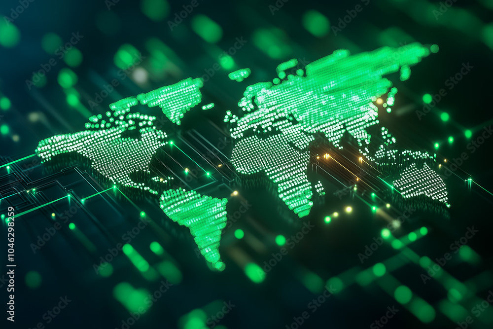Poster A binary code-based world map glows in green, symbolizing digital communication and global connections