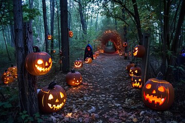 Halloween street decorations, decorated houses for Halloween, pumpkins and other decorations