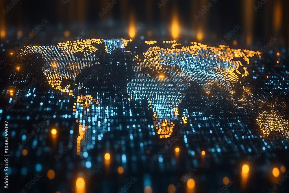Poster a glowing world map formed from binary code illustrates global digital connectivity and technologica