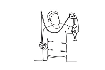Obraz premium Continuous one line drawing of The man who was fishing caught a fish