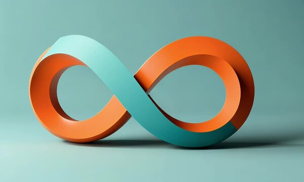 Abstract colorful 3d shape in the form of an infinite sign, gradient background, simple shapes, matte colors, light orange and teal, minimalistic