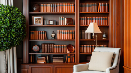 Cozy interior featuring a well-organized bookshelf filled with classic literature, decorative items, and a comfortable armchair