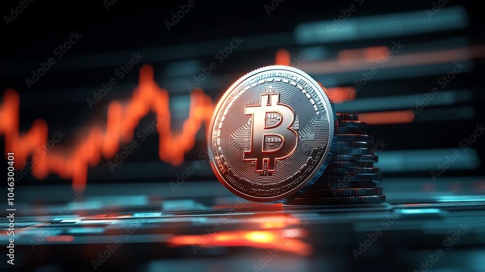 Poster bitcoin cryptocurrency concept with graph and digital currency, white isolate background.