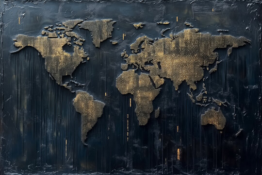 The artwork shows a world map made of binary code on a textured background, symbolizing modern connectivity