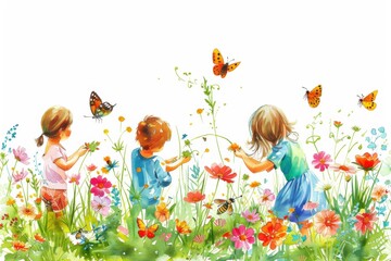 Joyful children picking flowers in a vibrant spring meadow
