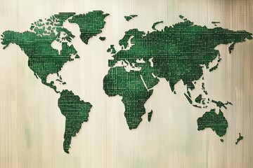 Fototapeta premium The artwork features a stylized world map crafted from dark binary code symbols, emphasizing the digital age's impact