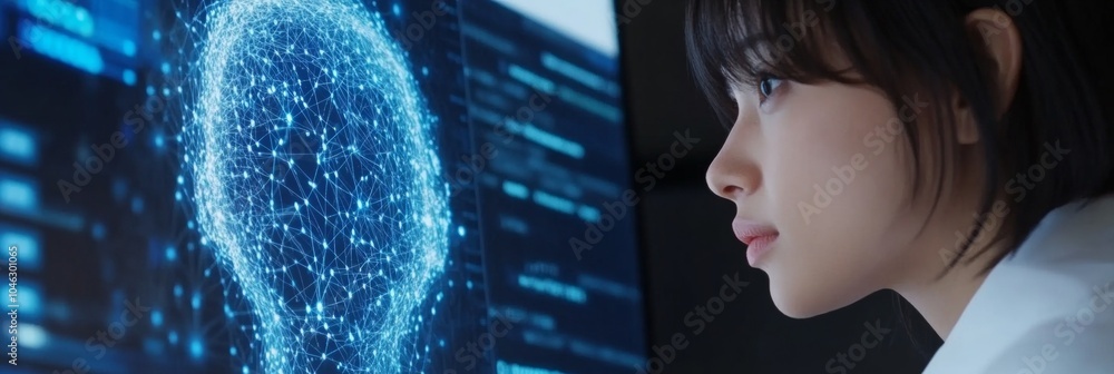 Poster Innovative Female Data Scientist in Professional Attire Engaging with AI Hologram in High-Tech Lab Setting