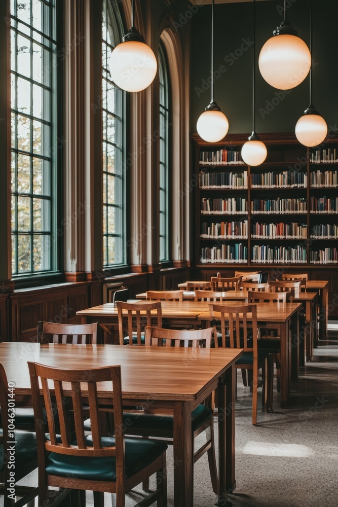 Poster a quiet library workspace with wooden tables and comfortable chairs. soft lighting creates a calm at