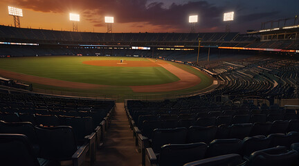 Fototapeta premium An empty stadium at sunset, with a single spotlight shining on the center field, symbolizing the aftermath of a thrilling game.