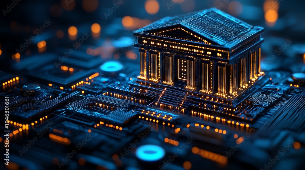 Poster futuristic circuit board with a glowing temple structure on a dark background.