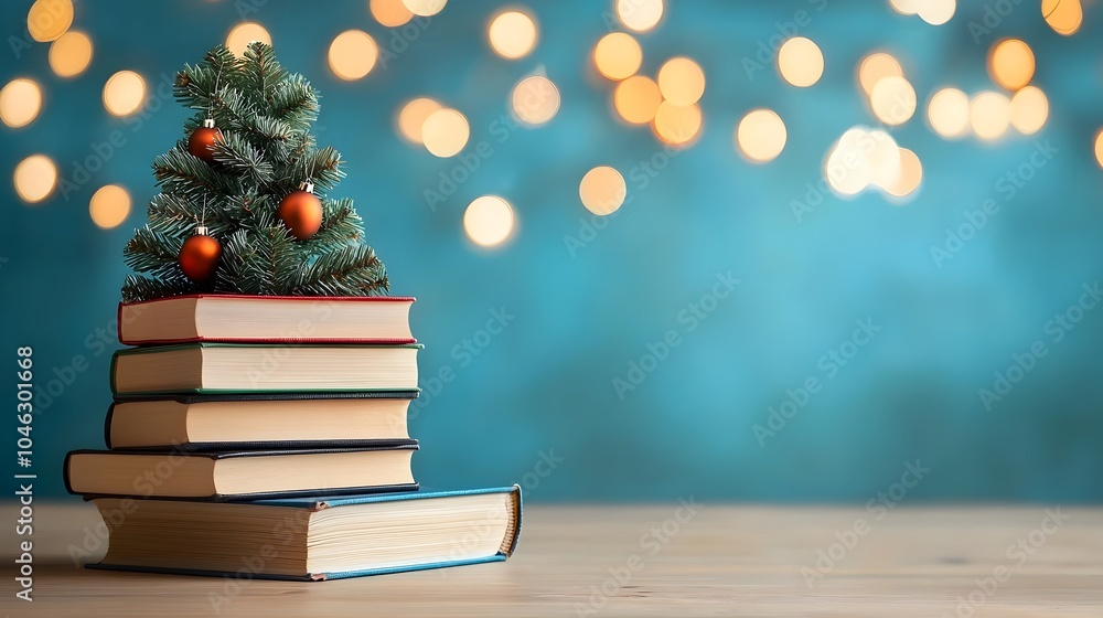 Poster unique christmas tree crafted from stacked books with string lights forming a festive and literary h
