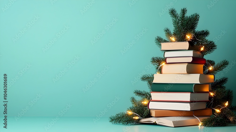 Poster Creative and Unique Christmas Tree Concept Made Entirely of Stacked Books with String Lights Wrapped Around Forming a Festive Literary Holiday Display with Copy Space