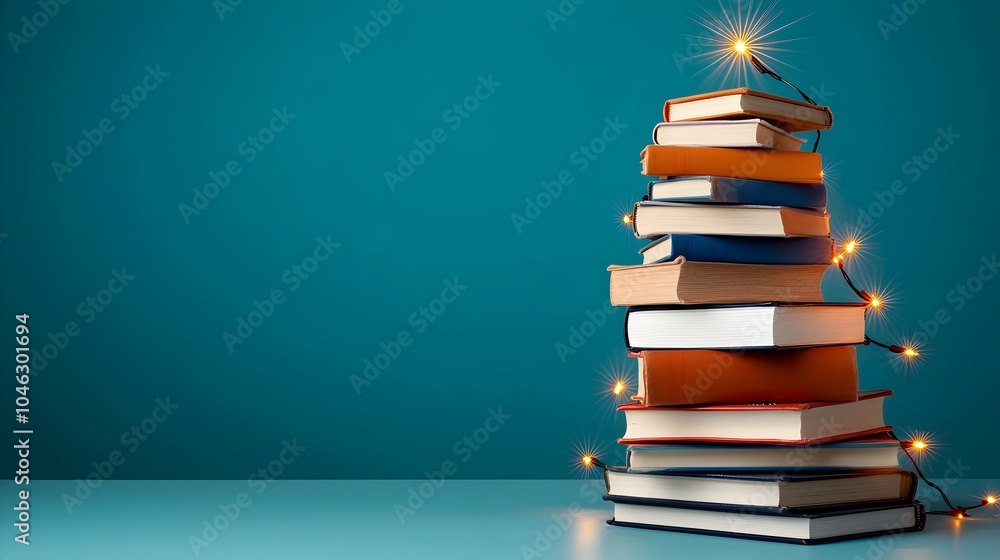Poster a stunning christmas tree made entirely of books with string lights wrapped around it creating a uni