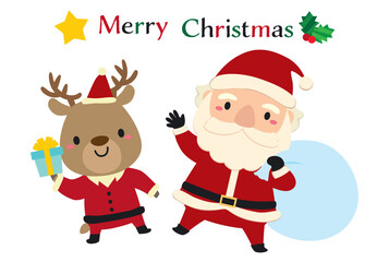 かわいいサンタクロースとトナカイのクリスマスキャラクターイラスト01
