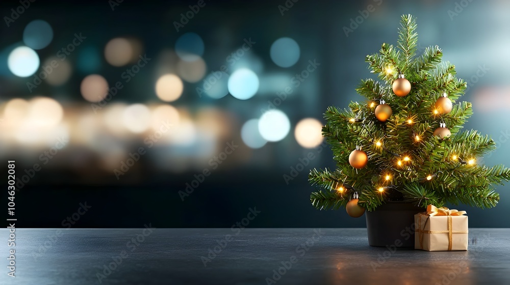 Poster Delightful miniature Christmas tree adorned with twinkling lights and festive ornaments creating a cozy and inviting holiday scene on a tabletop with copy space for text