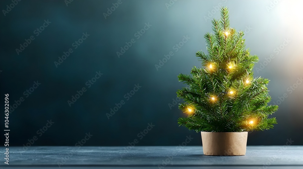 Poster Charming and cozy miniature Christmas tree decorated with twinkling lights and festive ornaments sitting on a tabletop with an isolated background and copy space for text overlay