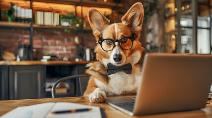 Dog wearing glasses and bow tie at desk with laptop, looking like a business expert giving presentation