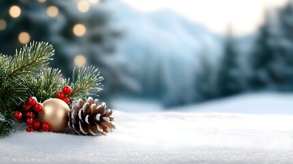 Festive Christmas tree adorned with pinecones berries and other natural in a snowy forest landscape  Peaceful serene winter scene with copy space for adding text or overlays