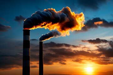 A factory pumping dark smoke into the air at sunset, the silhouette of the chimneys against the colorful sky creating a stark contrast, symbolizing the duality of beauty and destruction caused