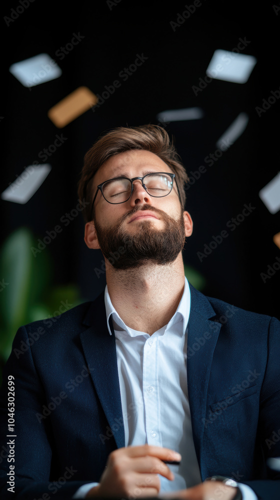Poster efficient multi tasking professional man managing sales leads with focus and determination, surround