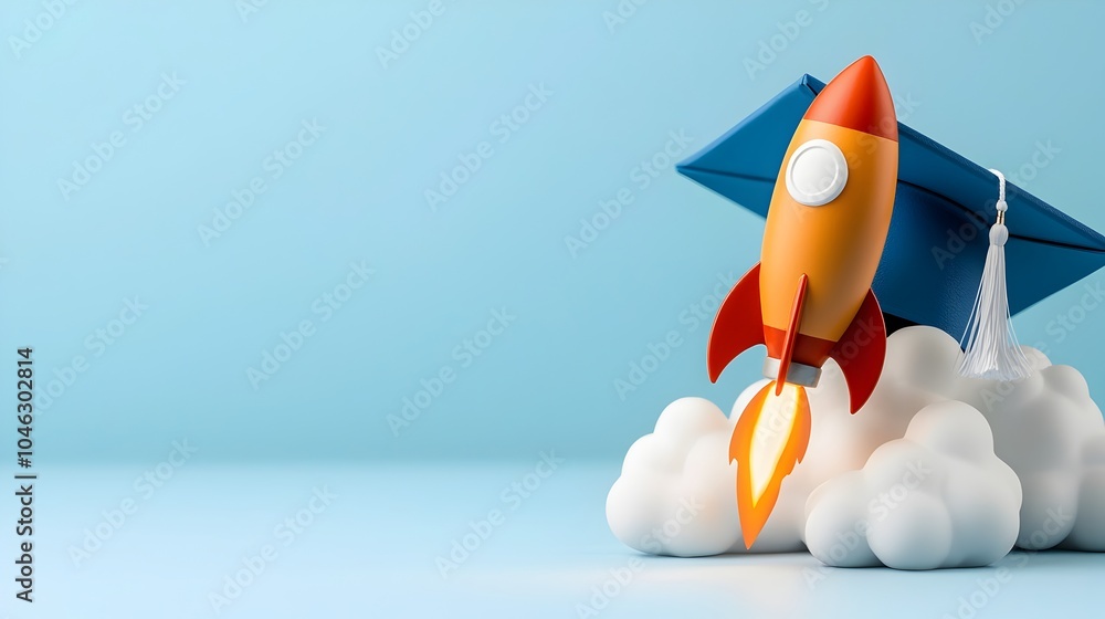 Poster graduation cap with a rocket launching from the top symbolizing a future full of possibilities and p