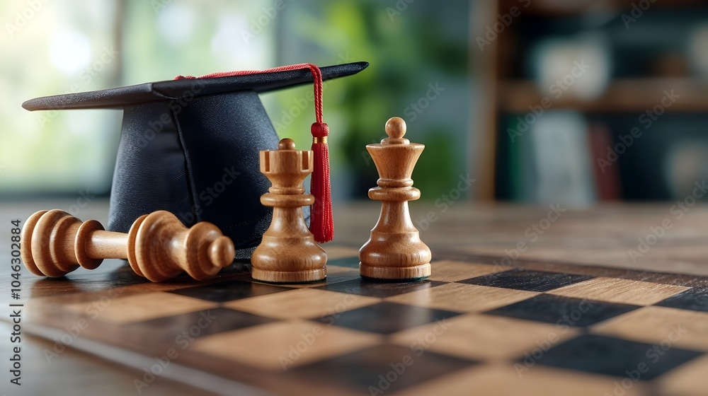Poster graduation cap resting on chessboard symbolizing strategy planning and intellectual victory with cop